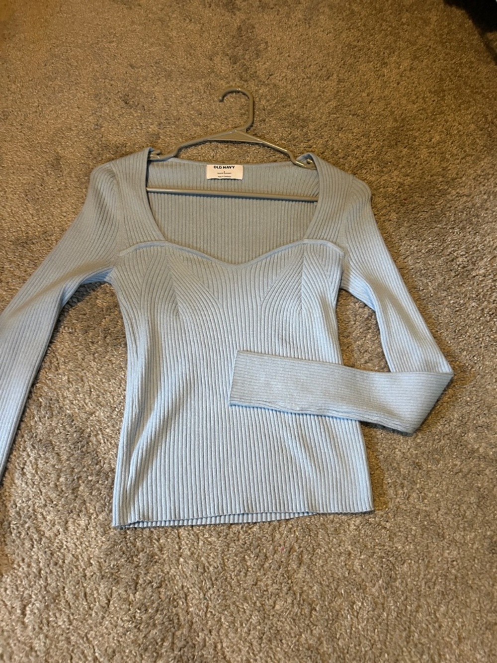 Old Navy Light Blue Ribbed Sweetheart Neck Long Sleeve Top